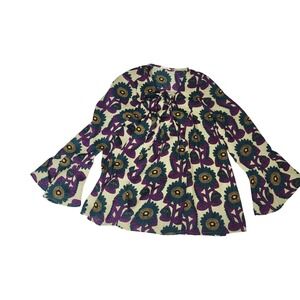 Entro Women Purple Teal Sunflower‎ Floral Tie Neck Bell Sleeve Boho Blouse Small